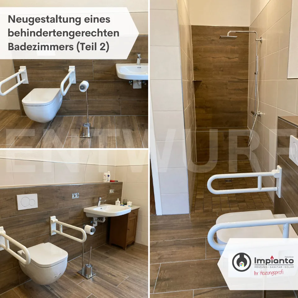 Neugestaltung eines behindertengerechten Badezimmers: WC mit Haltegriffen, unterfahrbares Waschbecken und bodengleiche Dusche