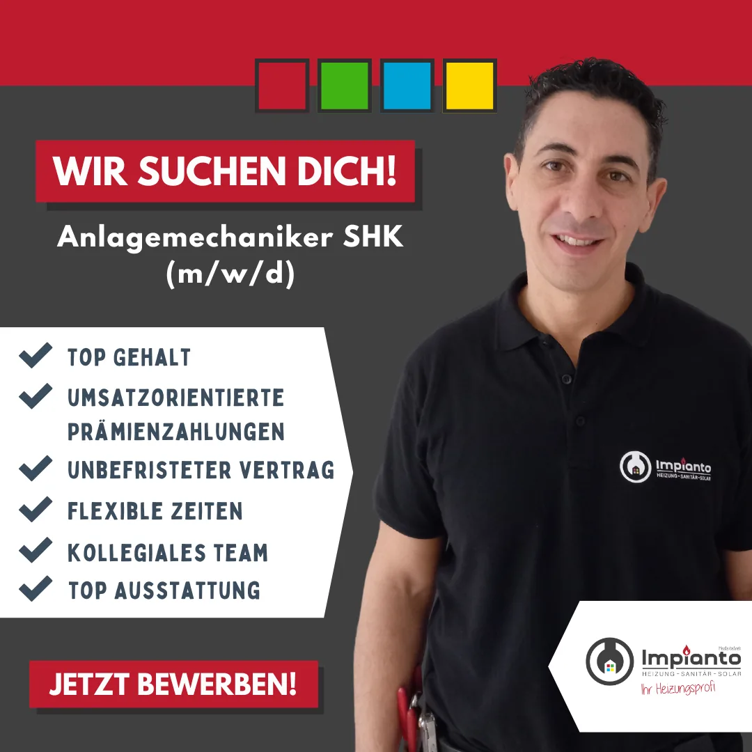 Stellenanzeige: Anlagemechaniker SHK (m/w/d) gesucht, mit Top-Gehalt, Prämien, unbefristetem Vertrag, flexiblen Zeiten und Top-Ausstattung