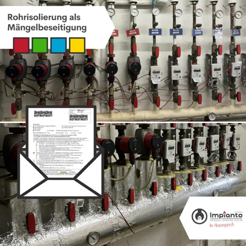 Nachträglich isolierte Rohrleitungen an einer Heizungsverteilung als Mängelbeseitigung