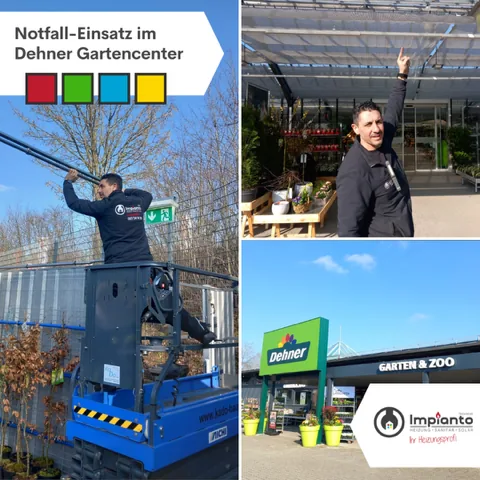 Notfall-Einsatz im Dehner Gartencenter: Monteur auf einer Hebebühne unter dem Hallendach