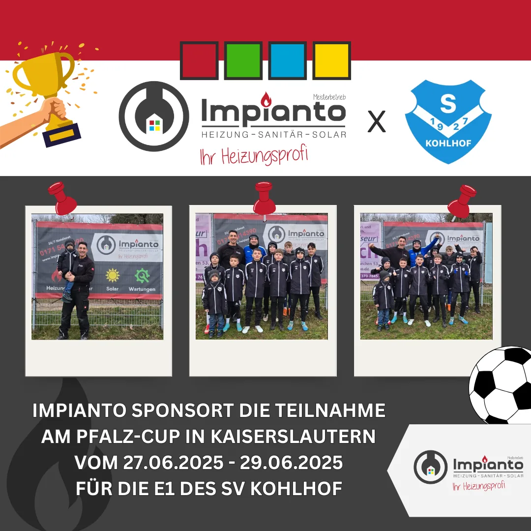 Sponsoring-Aktion von Impianto Heiztechnik: Fotos einer gesponserten Nachwuchsmannschaft vor der Impianto-Bande